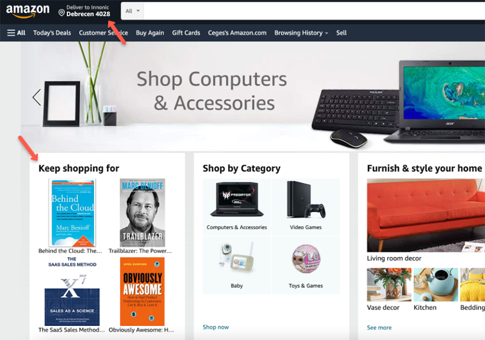 Amazon's homepage showcasing Website Personalization.