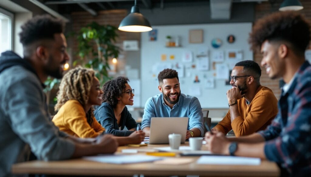 Six people sit around a table in a modern office, engaged in discussion about their million-dollar business, with a laptop and papers in front of them.
