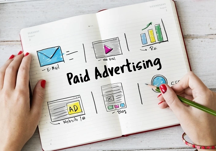 A hand holding a notebook with the word paid advertising (ABM) Tactics written on it.