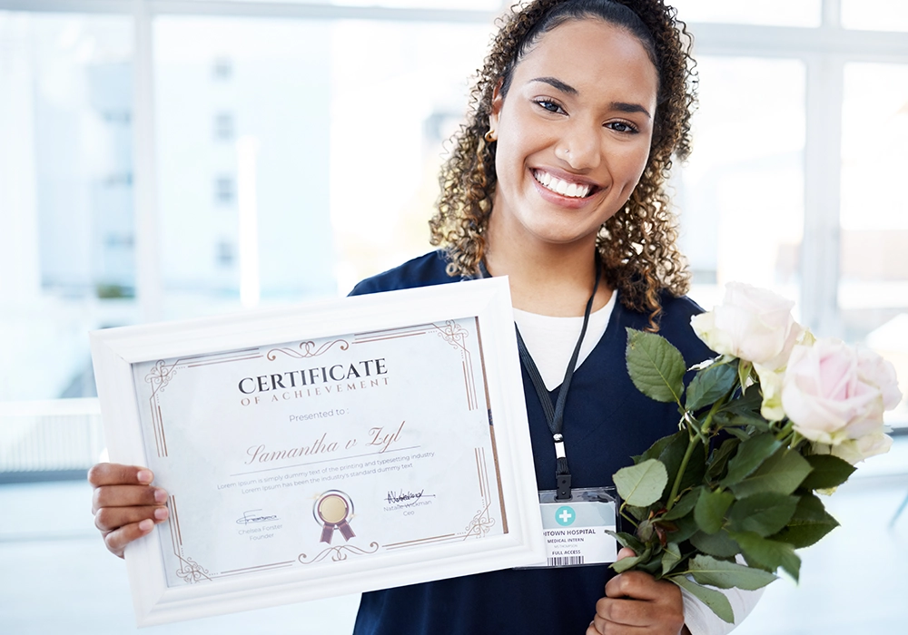 A nurse holding flowers, providing social proof through her certificate.