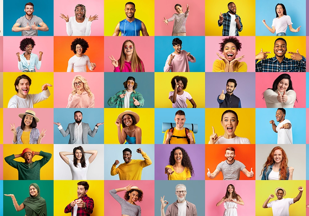 A group of people with their hands up, leveraging social media on a colorful background.