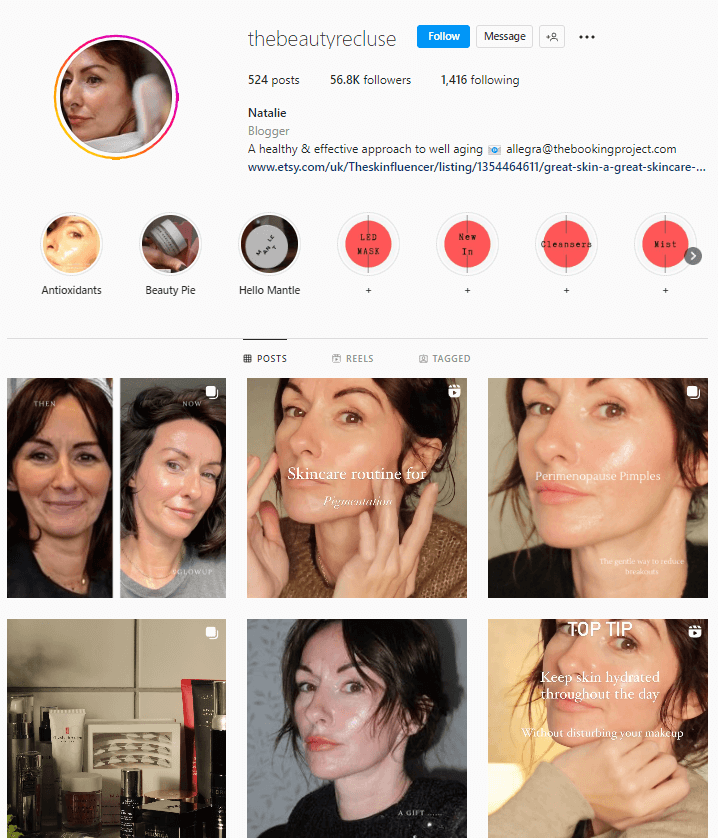 A Social Media Influencer's instagram page with various pictures of her face.