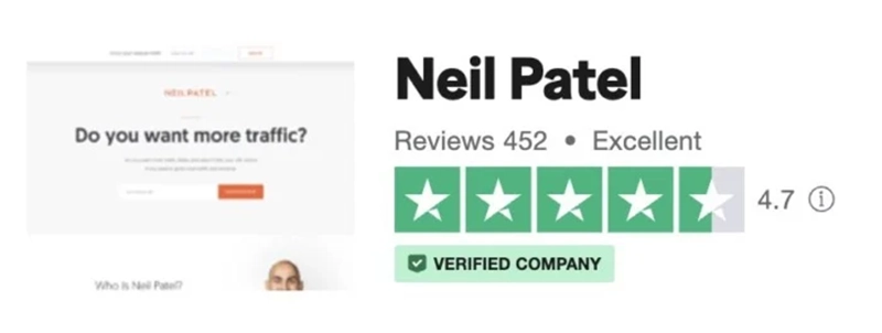 Neil Patel's website featuring customer testimonials and a five-star rating.