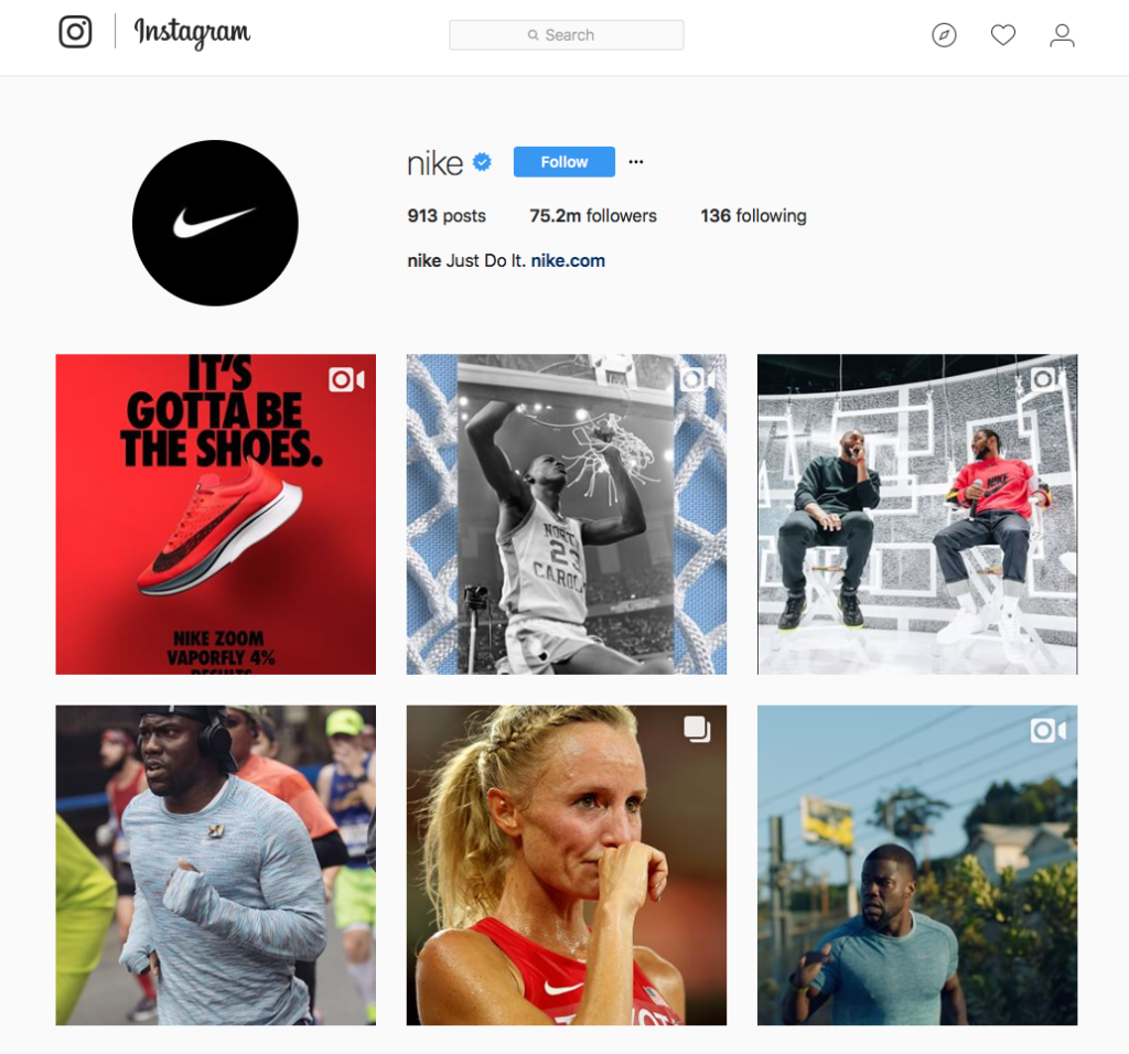 Nike's instagram account is displayed with a number of photos, providing social proof examples.