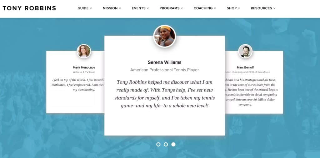 Tony Robinson's website on his homepage for social proof examples.
