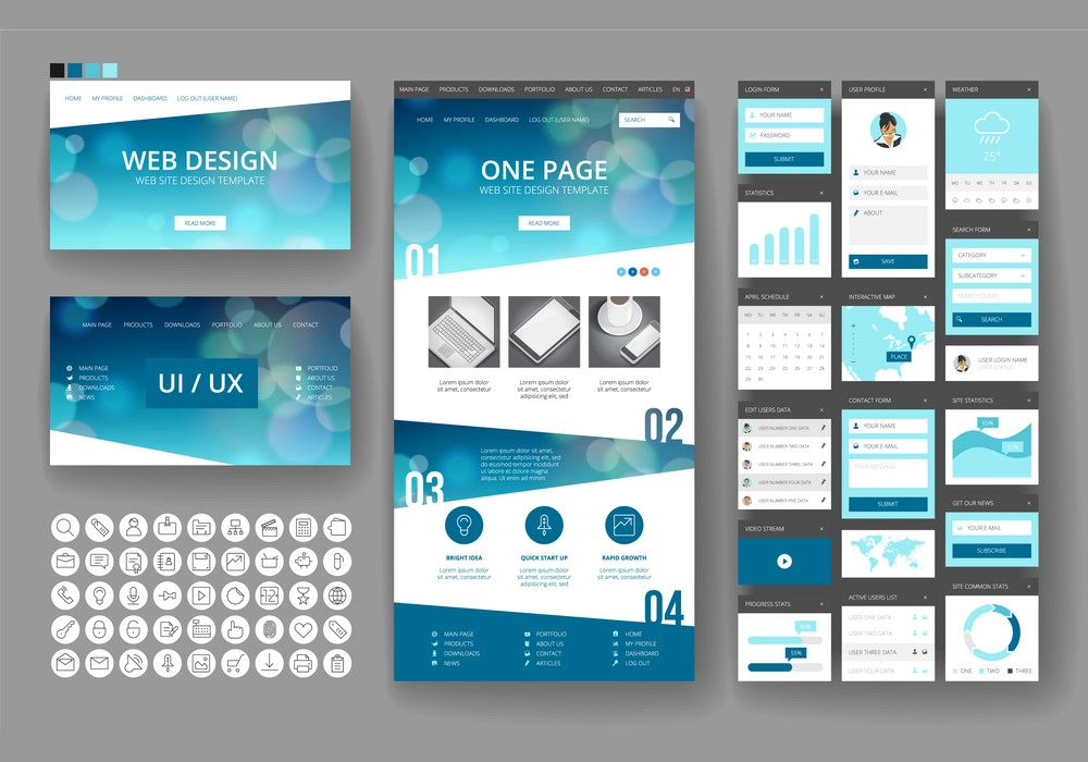 A set of web design elements in blue and white that enhances website credibility.