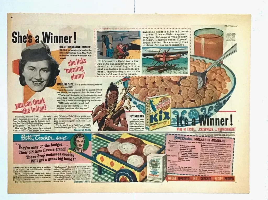 An old ad for cereal with a picture of a woman enjoying a bowl of cereal showcases traditional advertising.
