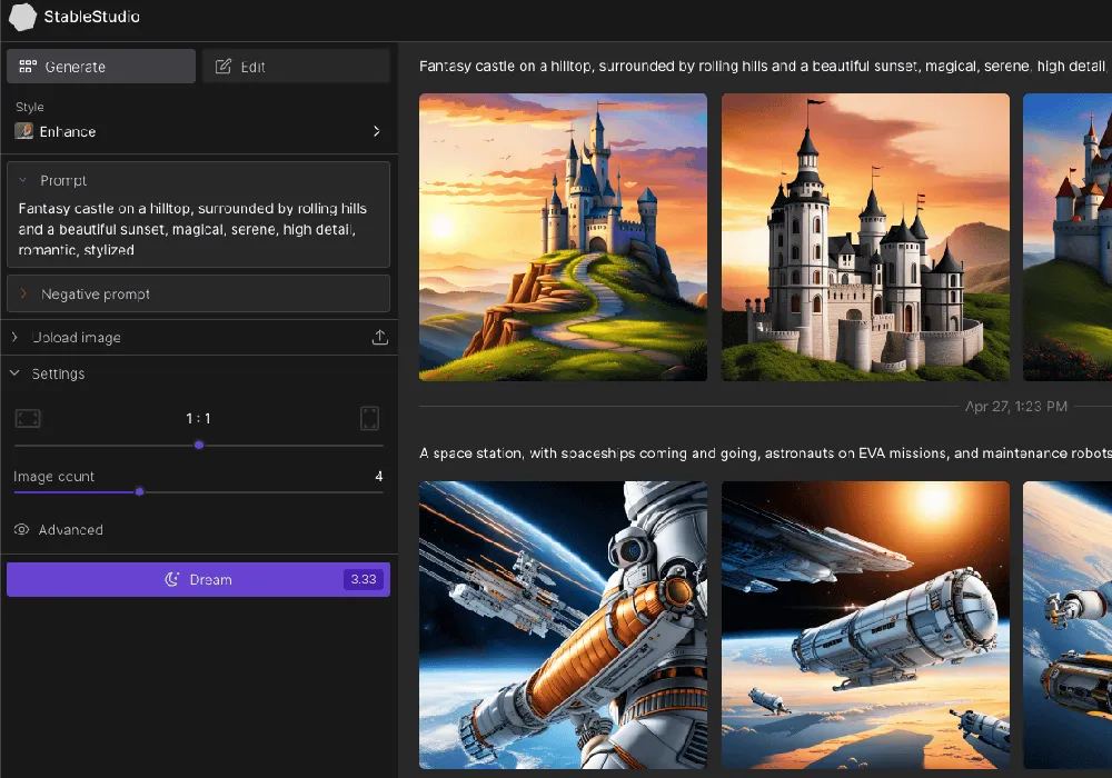 A screen shot of a computer screen showing several images of a castle created using image generator tools.