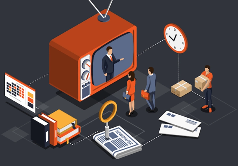 Isometric illustration of a group of people standing around a television in a traditional advertising setting.