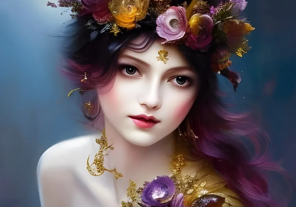 A woman adorned with flowers in her hair created using Image Generator Tools.