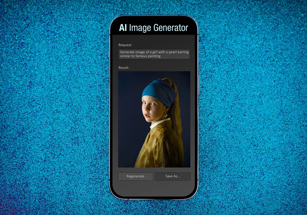 A cell phone with a screen showing an image of a girl with a blue headband, created using Image Generator Tools.