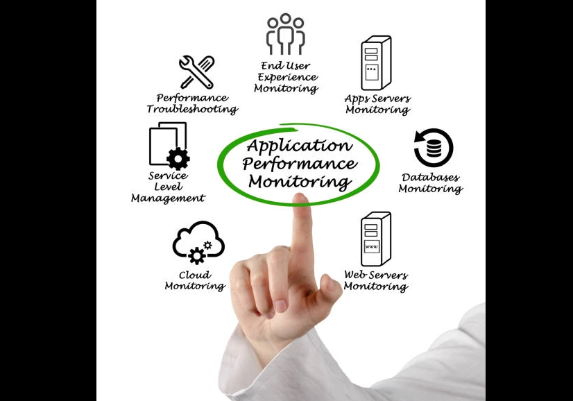A woman is **pointing** to the phrase **application performance monitoring.**