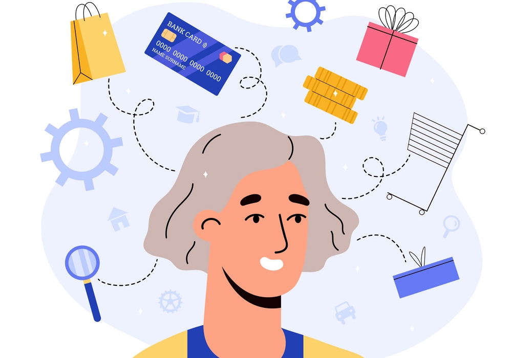 A woman with purchase decisions icons around her head.