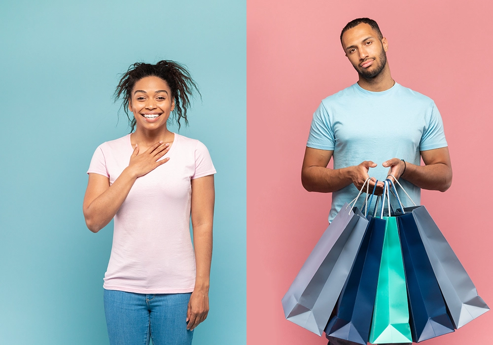 A man and woman making purchase decisions, holding shopping bags on a pink background.