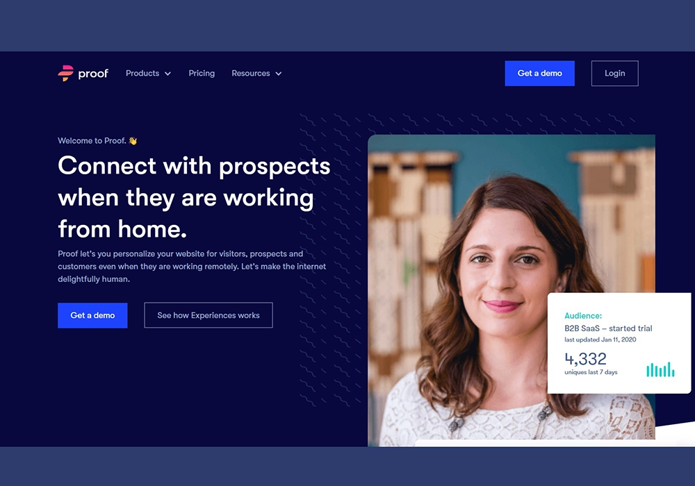 A Proof.io website showcasing a woman utilizing the best social proof apps while working from home.