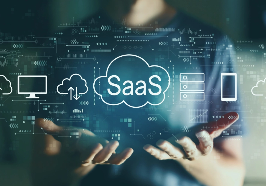 A person holding a cloud with icons, representing SaaS technology.
