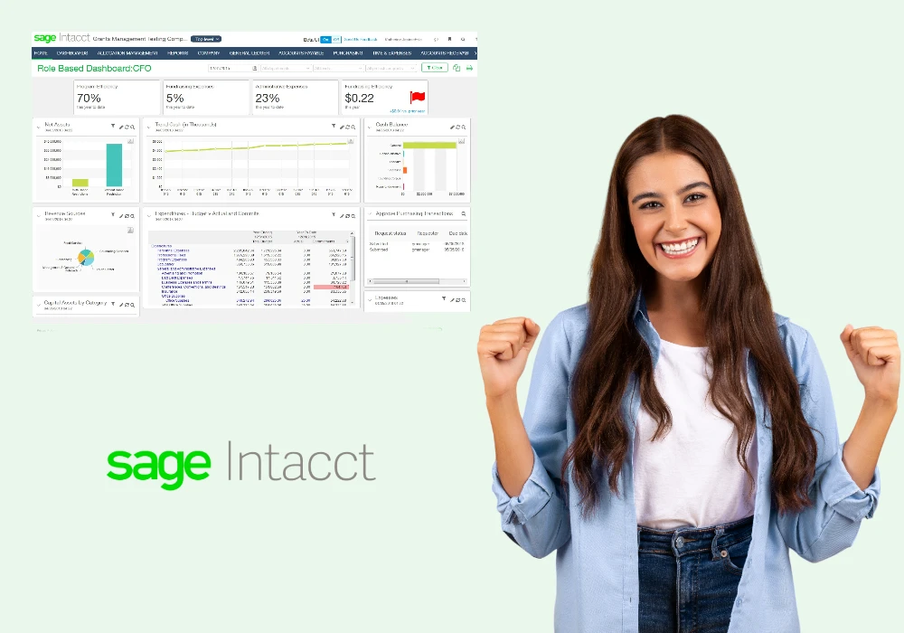 A woman stands in front of a screen displaying the word "sage incitect," potentially related to SaaS accounting software.