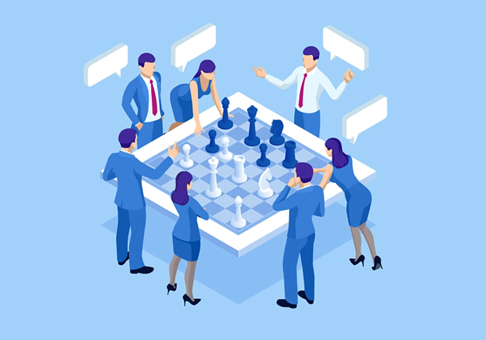 A group of business people engaging in a strategic chess match on a blue background, showcasing social proof in marketing.