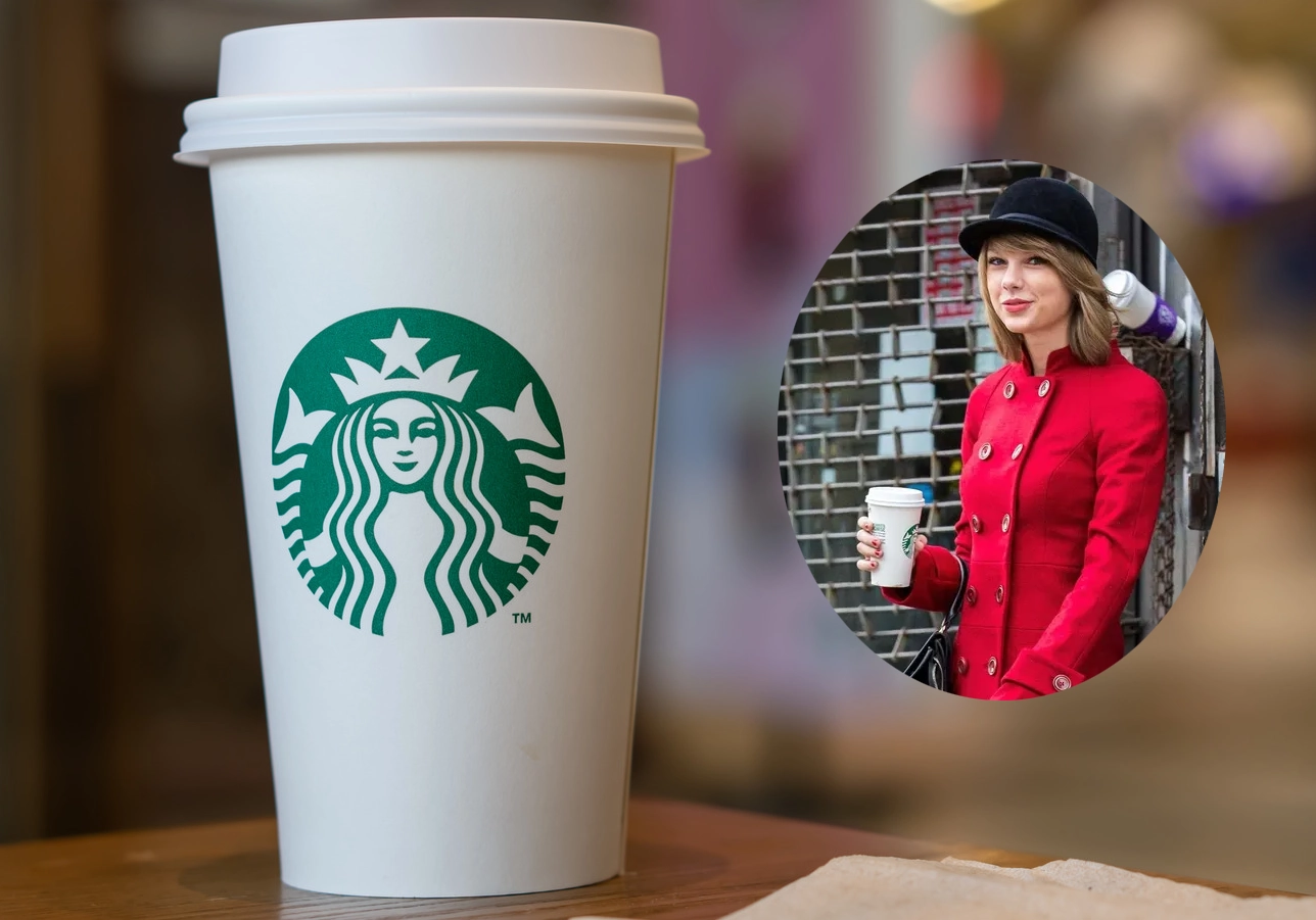 A Starbucks coffee cup in focus with a celebrity in the background holding a similar cup, showcasing one of the brand's endorsements.