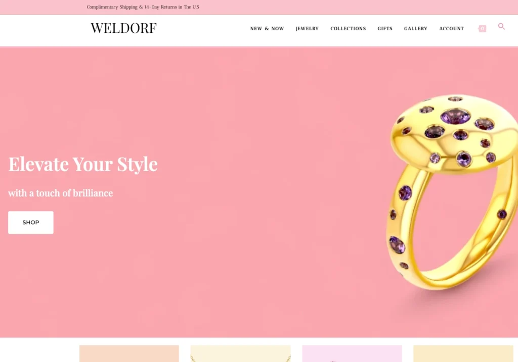 A website homepage featuring a jewelry advertisement with an elegant yellow gold ring set with purple gemstones, encouraging visitors to 'elevate your style with a touch of brilliance' and improve the typical conversion rate