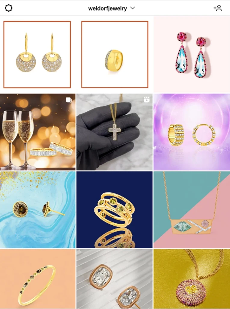 A collection of jewelry items including earrings, rings, and necklaces, displayed in various artistic arrangements on an Instagram profile page, aiming to enhance the typical conversion rate.