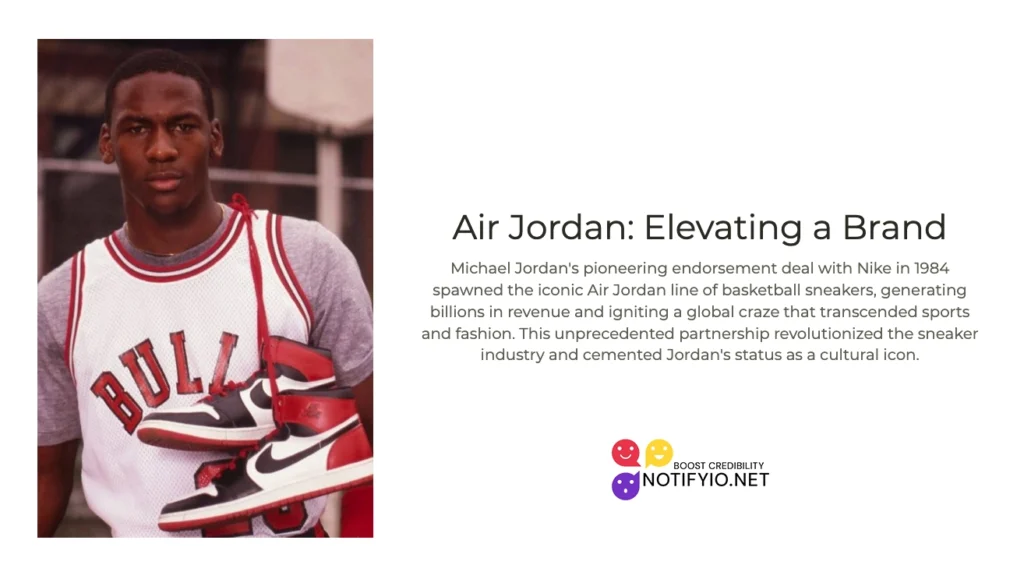 Michael Jordan, wearing a Chicago Bulls basketball uniform, embodies one of the most successful celebrity endorsements with his significant impact on Nike's brand and the global sports fashion industry.