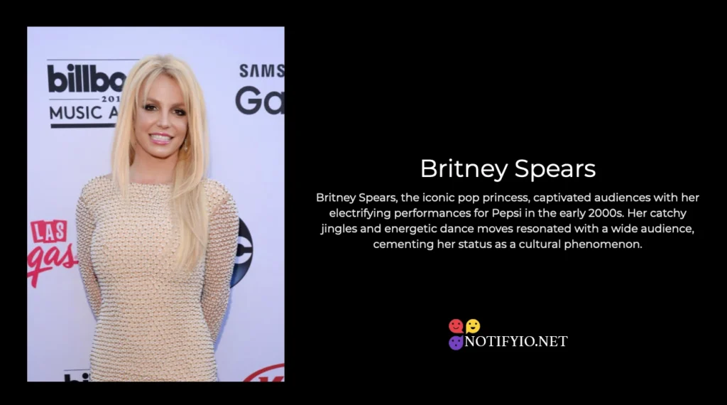 Britney Spears, a Pepsi celebrity endorsement, stands smiling on the red carpet at the Billboard Music Awards.