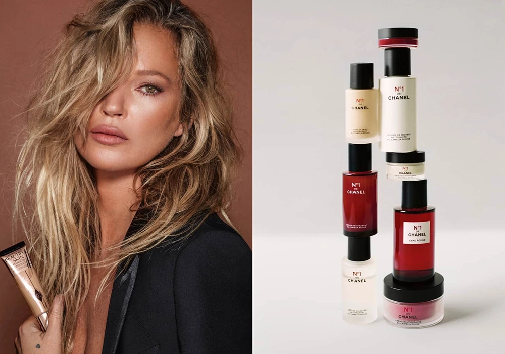 A woman with tousled blonde hair and subtle makeup holds a beauty product, next to an image of stacked Chanel lipsticks in various shades of celebrity endorsements gone wrong.
