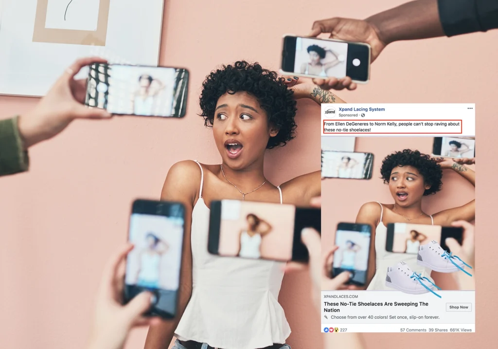 A surprised young woman in a white tank top reacts while multiple smartphones are pointed at her to take photos, illustrating social proof on a neutral-colored background.