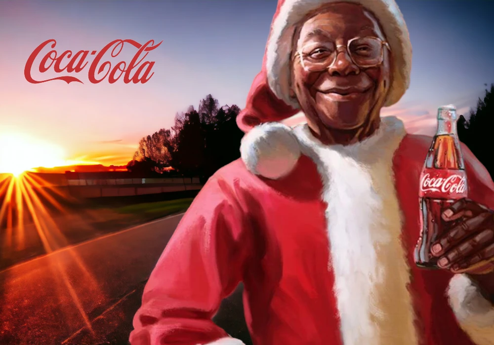 An illustration of an elderly black man dressed as Santa Claus, holding a bottle of Coca-Cola, with a sunset background for a Coca-Cola campaign.