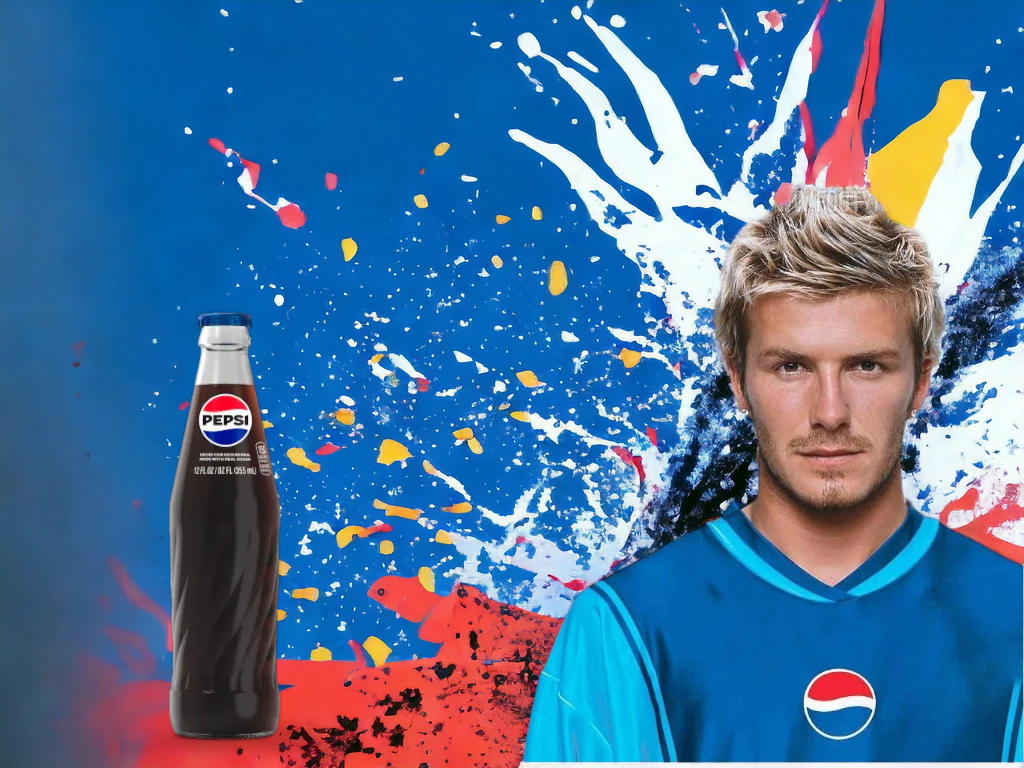 Promotional image featuring a Pepsi bottle on the left with a colorful paint splash background and a David Beckham in a blue Pepsi shirt on the right.