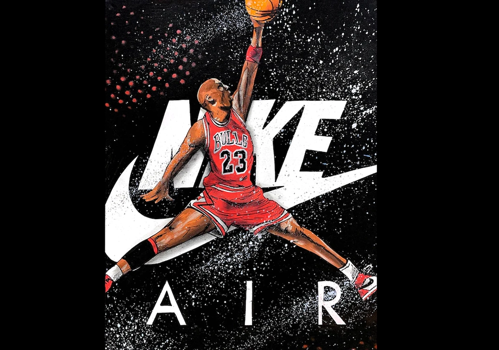 Michael Jordan in mid-air shot against a dynamic black and red background with the word "air", featuring a celebrity endorsement.