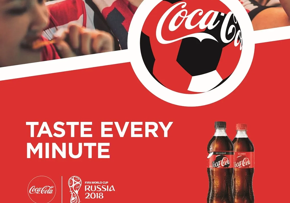 Advertisement for a Coca-Cola Campaign with the theme "taste every minute," linking the brand to the FIFA World Cup Russia 2018, including images of people enjoying the drink and the event logo.