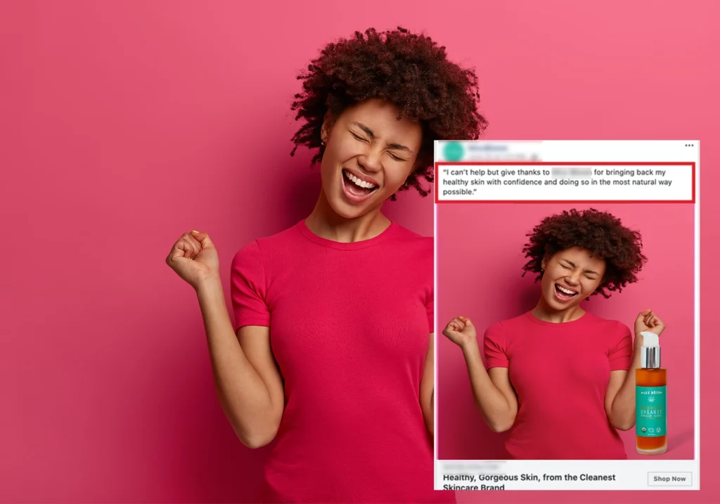 A joyful black woman in a pink shirt with fists pumped in victory on a pink background, featured in Facebook ads for skincare products.