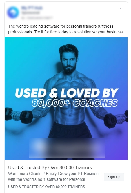 An advertisement featuring a serious man with a beard, highlighting social proof text "used by 80,000+ coaches" against a blue backdrop promoting business software for trainers.