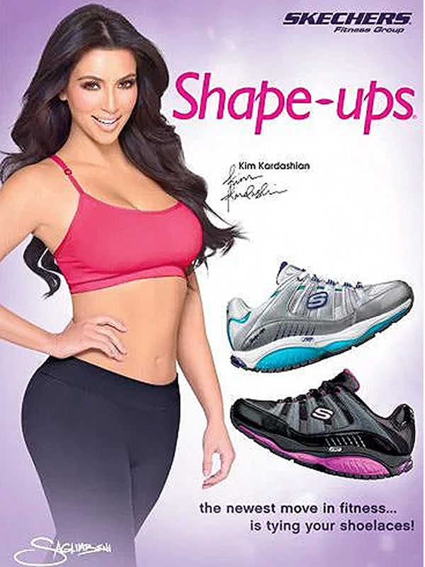 Advertisement featuring celebrity partnerships with Kim Kardashian promoting Skechers Shape-Ups shoes with text overlay and images of two shoe models.