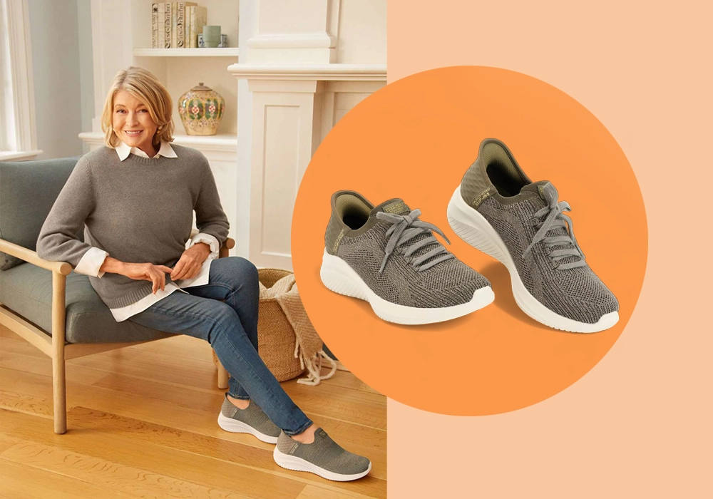 Martha Stewart sitting on a bench reading a magazine featuring celebrity partnerships next to an image of a pair of grey sneakers.