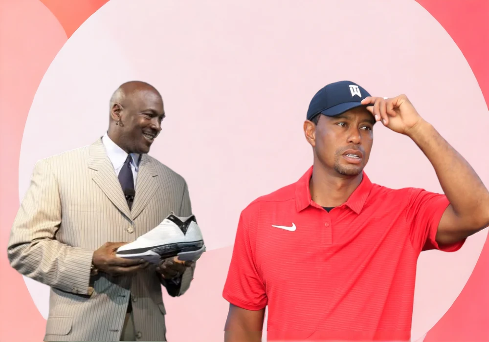 Michael Jordan holds a Nike sneaker, and Tiger Woods adjusts his cap, both depicted against a stylized pink and white background.