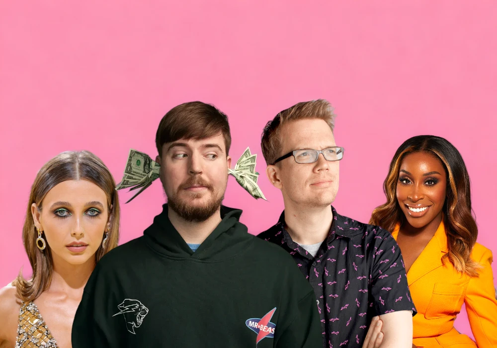 Four influencer adults standing in a line against a pink background, two men flanked by two women, with illustrated money flying around the head of one man, symbolizing the power of influencers.