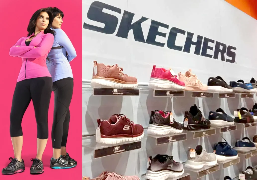 Two Kardashians dressed in sportswear beside a display of various Skechers shoes, highlighting their celebrity partnerships, against a backdrop with the Skechers logo.