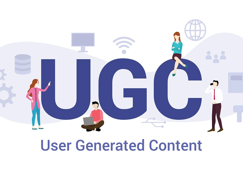 Illustration of diverse people around large letters "ugc" representing user-generated content, with social proof types, a globe, and devices in the background.