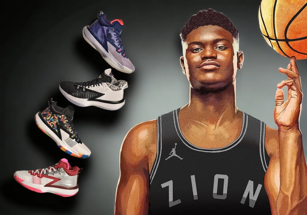 Digital artwork of basketball player Zion Williamson in a Nike jersey, holding a basketball, with various basketball shoes floating around him against a dark background.