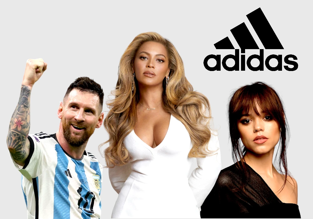 Three celebrity endorsement partnerships: Messi, soccer player, Beyoncé, and Jenna Ortega stand in front of an Adidas logo.