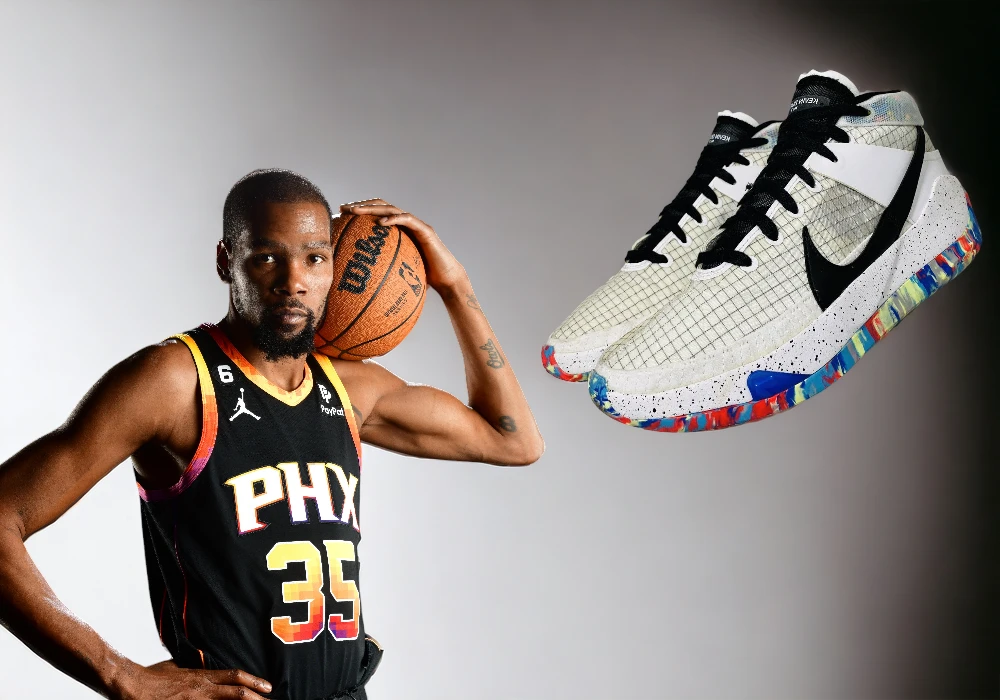 Kevin Durant in a Phoenix jersey holds a Nike ball, with a close-up of a speckled sneaker floating nearby.