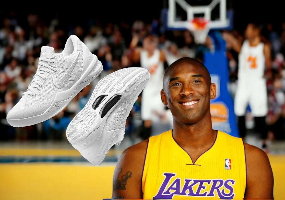 Professional basketball player Kobe Bryant in a Lakers jersey posing on the court, with an image of Nike sneakers superimposed on the left.