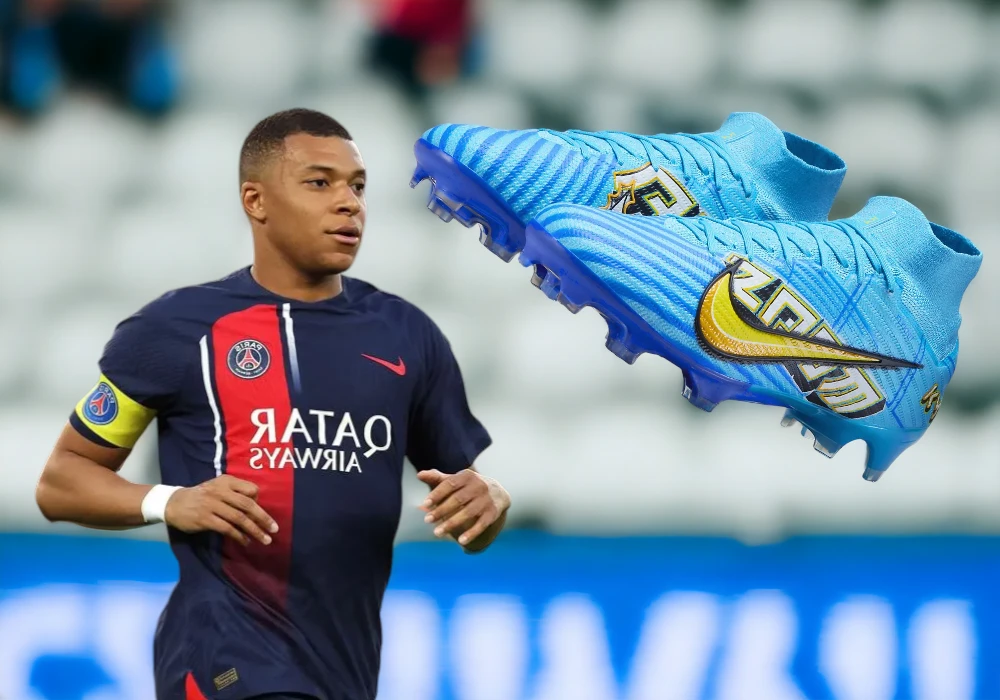 Kylian Mbappe in psg kit running on the field with a superimposed image of blue Nike soccer cleats, featuring a celebrity endorsement, floating beside him.