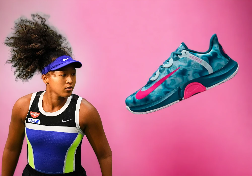 Naomi Osaka Nike celebrity athlete in a Nike outfit next to an image of a blue and pink Nike sneaker against a pink background.