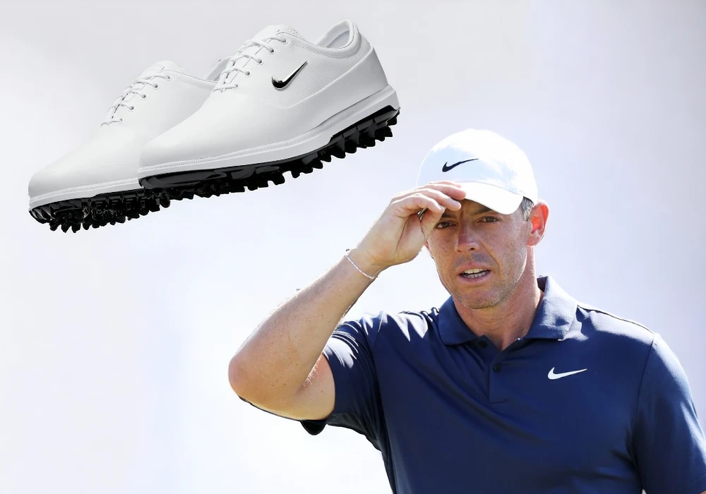 A golfer shielding his eyes from the sun, with an overlaid image of a white Nike golf shoe in the upper left corner, featuring a celebrity endorsement.
