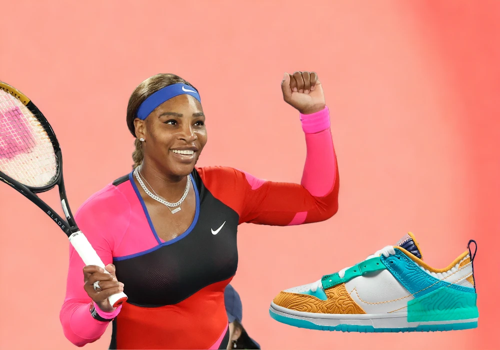 Serena Williams tennis player in a vibrant Nike outfit celebrates a victory, holding a racquet, with a colorful sneaker displayed adjacent to her against a pink background.