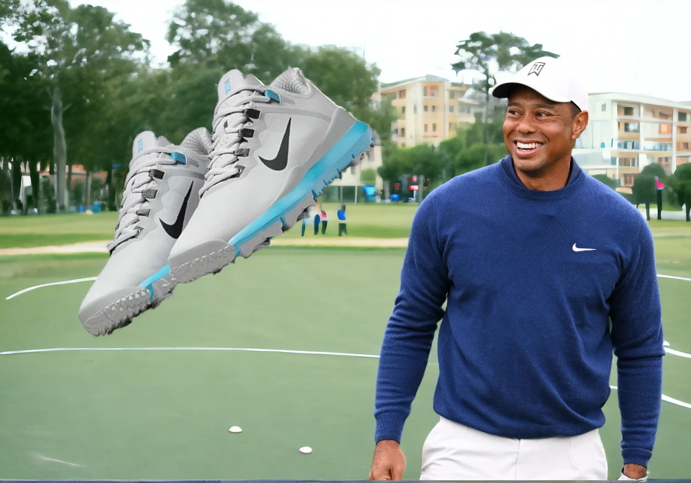 Tiger Woods smiling on a golf court, with an oversized pair of Nike sports shoes floating in the foreground.